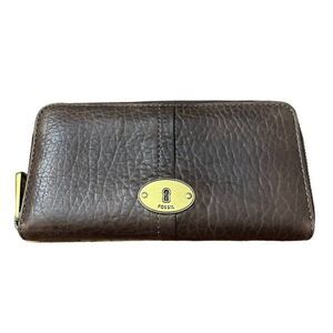 Vintage Fossil Brown Leather Organizer Clutch Wallet Clear ID Zipper Bronze
